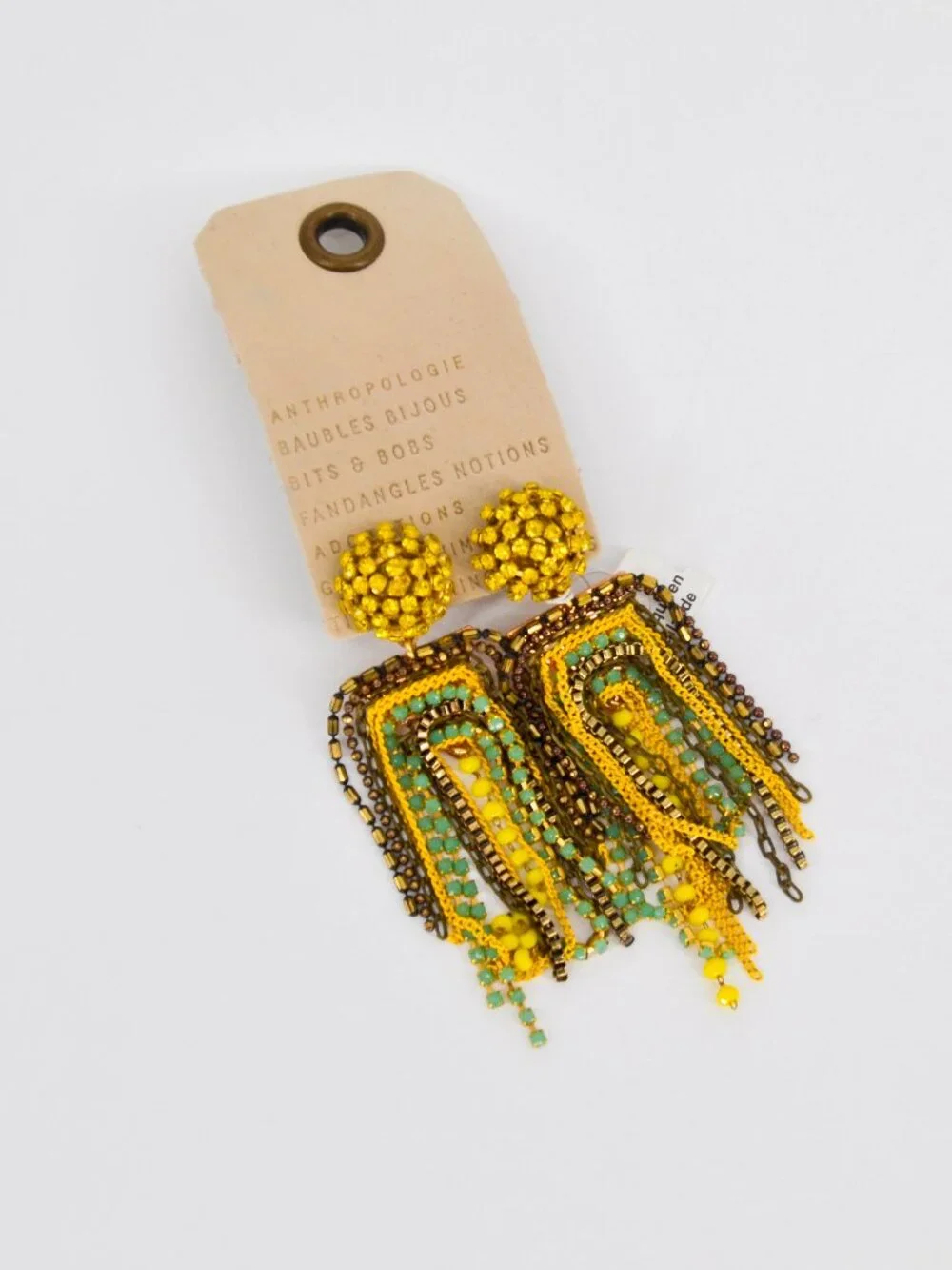 NWT Anthropologie Rhinestone Fringe Tassel Earrings Yellow Gold Blue